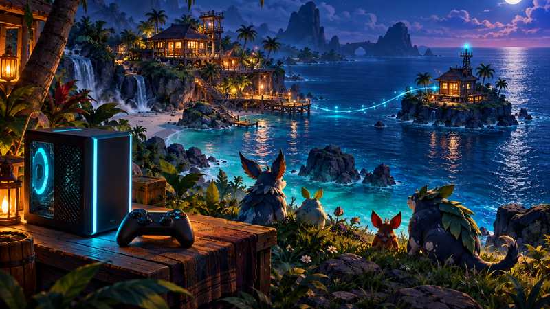 A glowing computer server and controller sit on a tropical island, with a lit path leading toward another home.