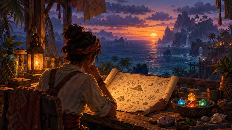 A keeper studies a parchment marked with abstract symbols beside colored stones overlooking a tropical island at sunset.
