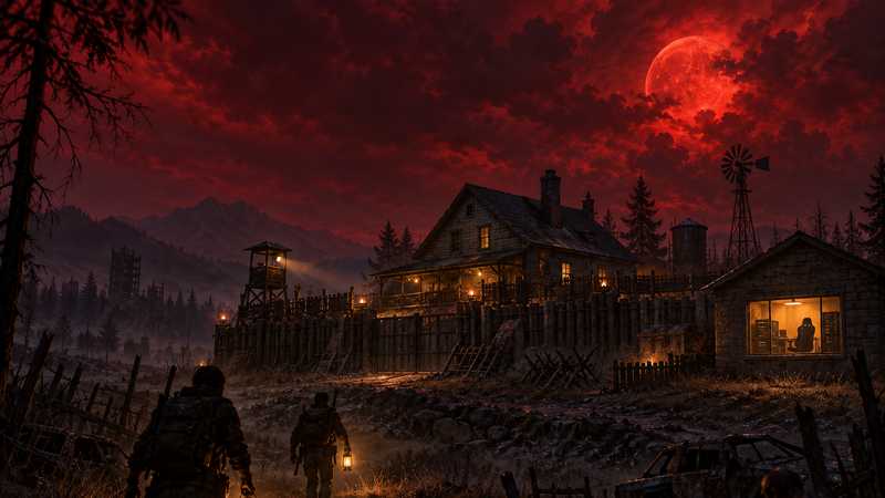 A fortified farmhouse under a red moon, with a lit outbuilding and friends approaching by lantern.