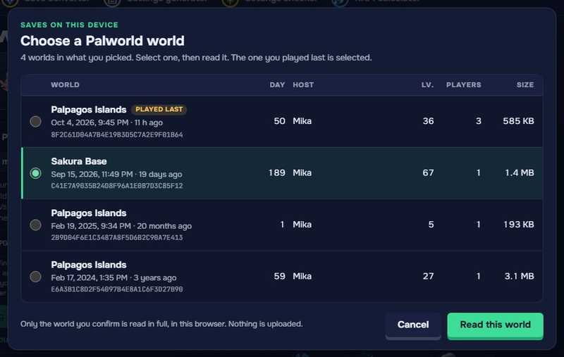 The Choose a Palworld world window with four worlds; Sakura Base, day 189, is selected.
