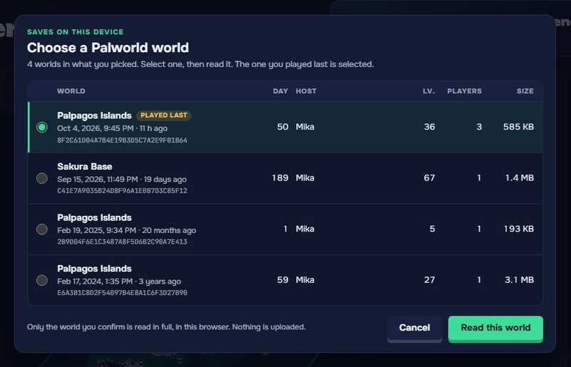 The Choose a Palworld world window listing four worlds with their day, host, level, players and size.