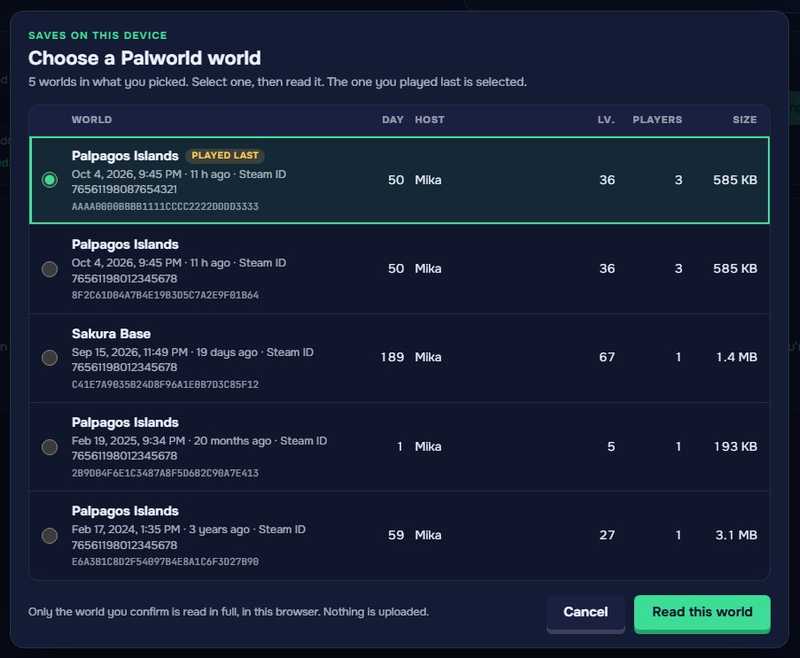 The Choose a Palworld world window with five worlds from two Steam accounts.