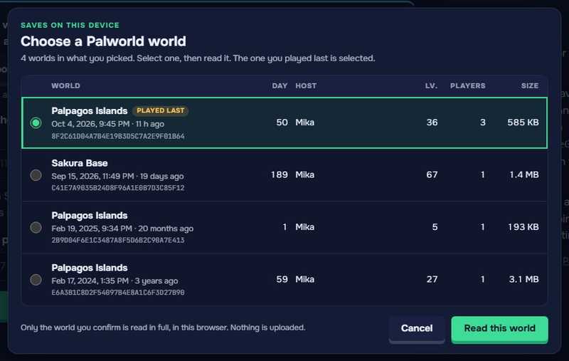 The Choose a Palworld world window listing four worlds; the one played last is selected.