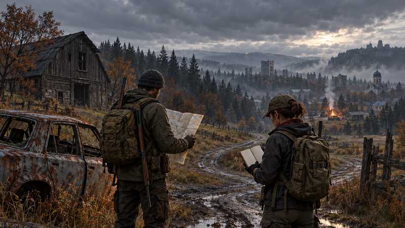 Two survivors compare a paper map and notebook beside a rusted car on a grey Chernarus road.