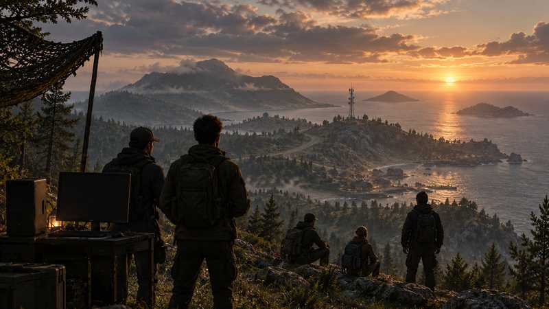 Friends gather on a coastal hillside at dusk to choose how to start an Arma Reforger session.