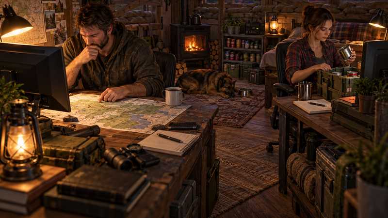 Two survivors plan their next outing at separate desks inside a fortified farmhouse.