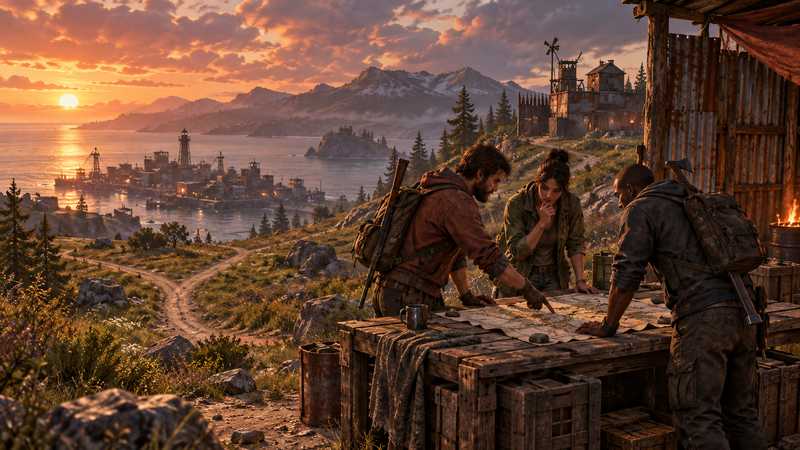 Three survivors compare a hand-drawn route beside a sheet-metal shelter at sunset.