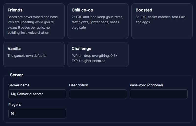 The five presets (Friends, Chill co-op, Boosted, Vanilla, Challenge) and the Server fields.