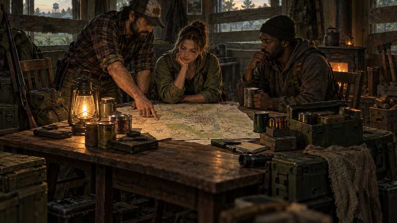 Three survivors plan who can join their group around a table in a boarded Kentucky safehouse.