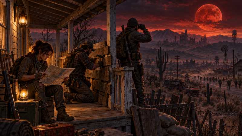 Three survivors fortify a farmhouse together beneath a red blood moon.