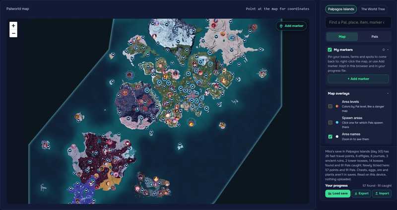 The map after loading a save: found fast travel points in blue, and the message listing 26 fast travel points, 6 effigies and 91 Pals caught.