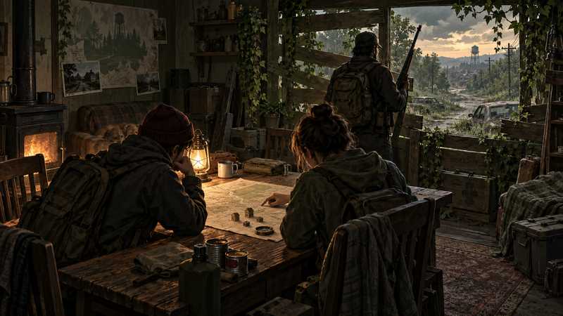 Two survivors compare a map and supplies at a table inside a boarded safehouse while a third watches the road.