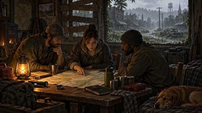 Three survivors compare a road map and supplies inside a boarded Kentucky safehouse.