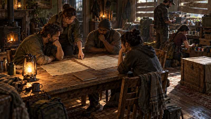Survivors in a safehouse compare plans while keeping an old-world storage crate separate