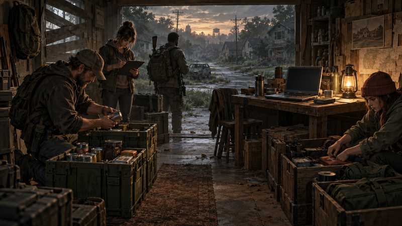 Four survivors sort supply crates beside a laptop and lantern in a boarded-up Kentucky safehouse.