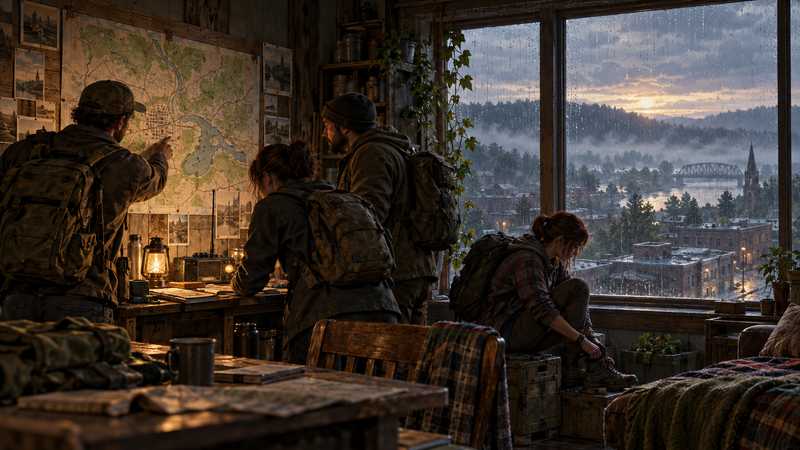 Survivors check a wall map beside a radio in a quiet safehouse while a Kentucky town sits beyond the window.