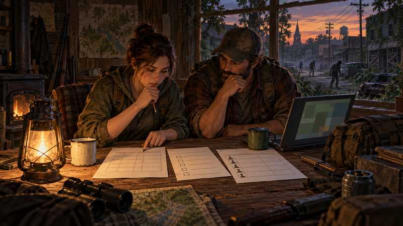 A community organizer reviews a resource worksheet, staff roster, and recovery checklist at a cabin table.