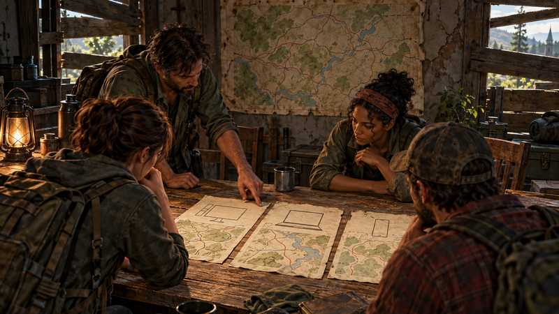 Four survivors compare paper maps around a table inside a boarded-up safehouse.