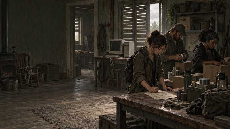 Survivors assess an old desktop beside a hand-drawn checklist in a weathered Kentucky safehouse.