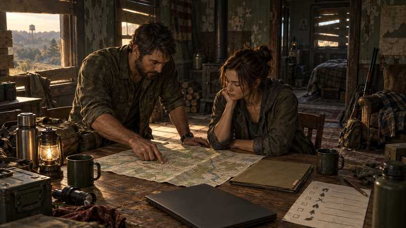 Two survivors review an unlabelled world-copy folder and a maintenance checklist on a safehouse table.