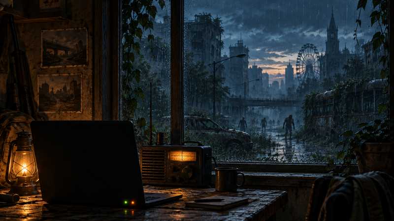 A radio and an unbranded laptop glow inside a safehouse as a rain-soaked town sits beyond the window.