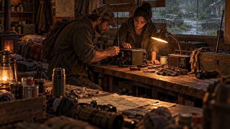 Two survivors inspect a radio and its wiring at a lamplit workbench inside a boarded-up Kentucky safehouse.