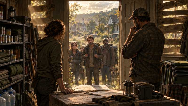 Survivors wait at a boarded safehouse doorway while organizers assess supplies and sleeping space inside.