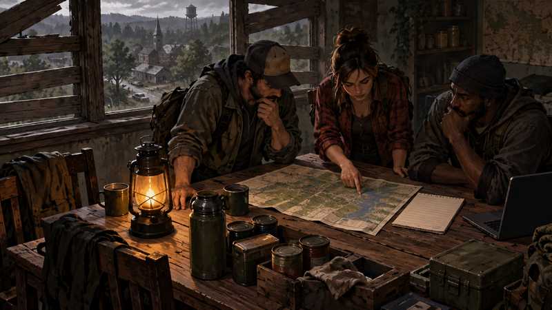 Three survivors compare a road map and a shared world checklist inside a lantern-lit Kentucky safehouse.
