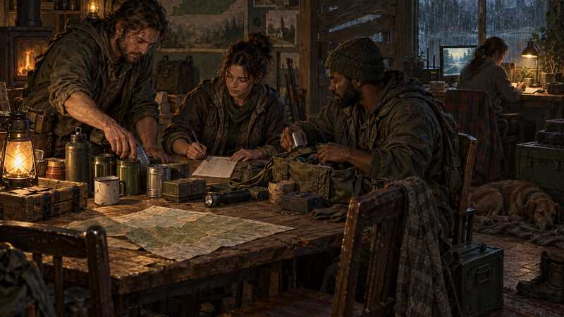 Survivors divide server duties beside a home computer in a boarded Kentucky safehouse