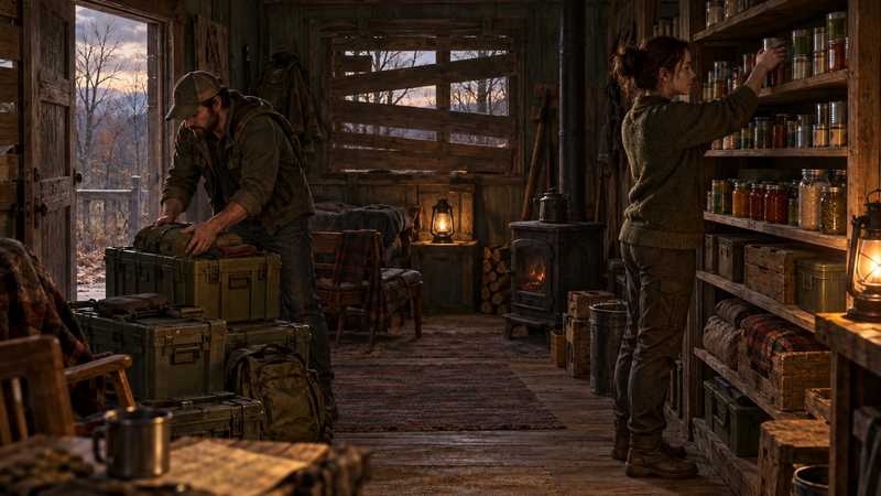 Two survivors sort portable supply crates beside a stocked pantry inside a boarded-up Kentucky safehouse.