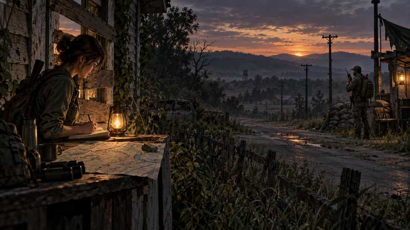 A survivor writes beside a map at a lantern-lit safehouse as another raises a radio across a worn road at dusk.