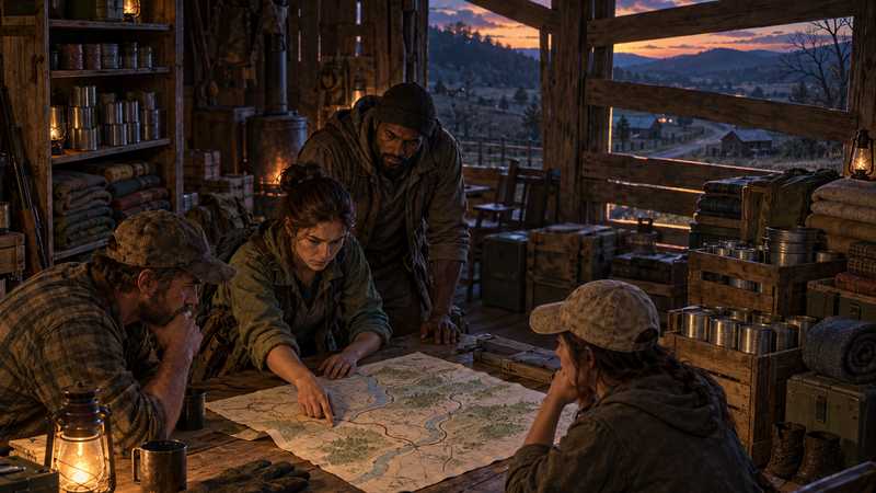Survivors compare a route sheet and supplies inside a boarded Kentucky safehouse.
