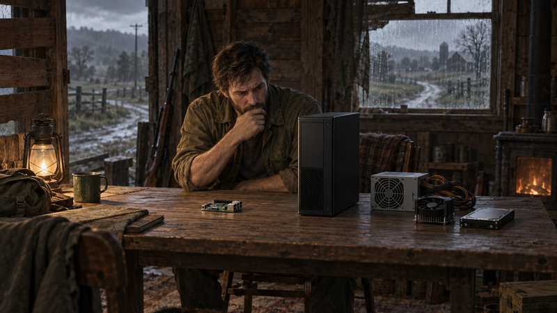 A survivor compares a small single-board computer with a compact desktop at a farmhouse workbench