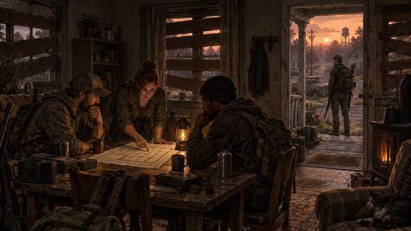 Survivors plan a safehouse inside while another survivor waits outside the open doorway.