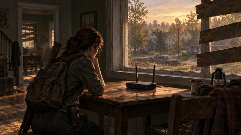 A survivor checks a small router inside a quiet, boarded Kentucky home, with neighboring houses visible beyond the window.
