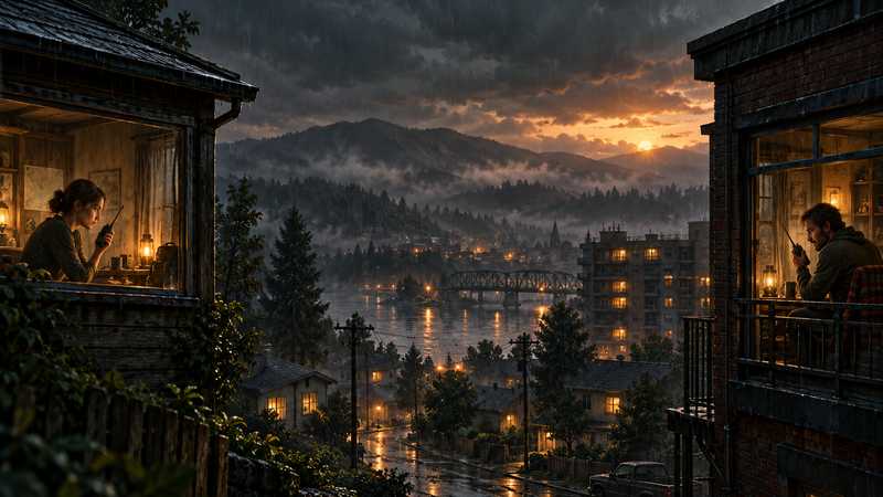 Two survivors in separate rain-soaked safehouses check radios across a dark town.