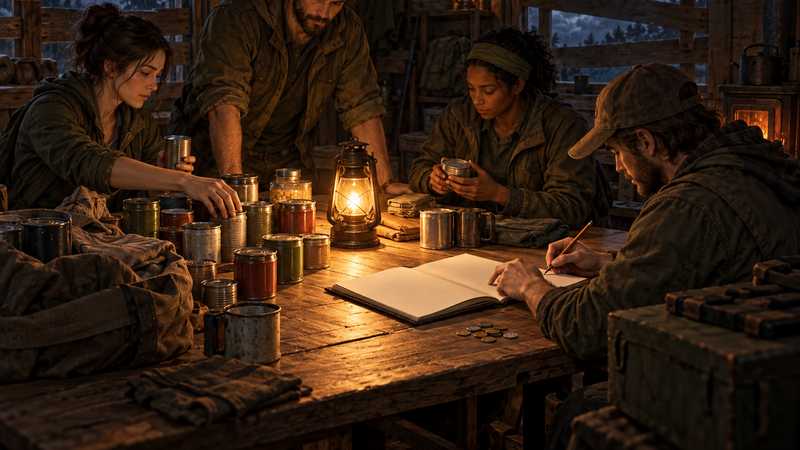 Survivors sort shared supplies and tally a blank ledger on a lantern-lit table in a boarded Kentucky safehouse.