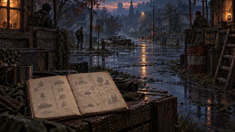 Two survivors compare the same quiet street from separate shelters beside a field notebook with two columns of pencil marks