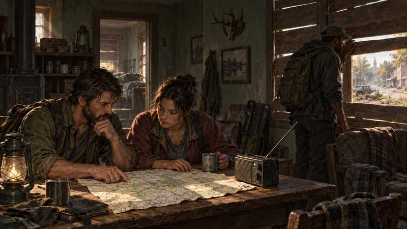 Two survivors compare a map beside a radio in a lantern-lit safehouse while another checks the boarded window.