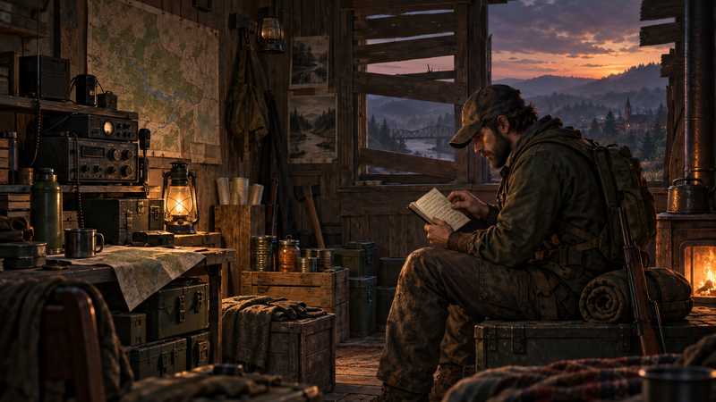 A survivor checks a field journal beside radio equipment in a boarded Kentucky safehouse