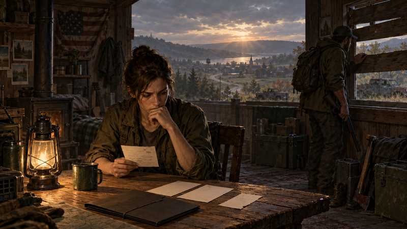 Two survivors review a small incident note and keep the original pages in a closed folder inside a lantern-lit Kentucky safehouse.