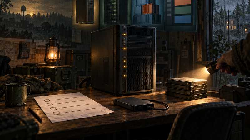 A self-hosted server desk shows four documented management paths beside an isolated world backup and an admin checklist.