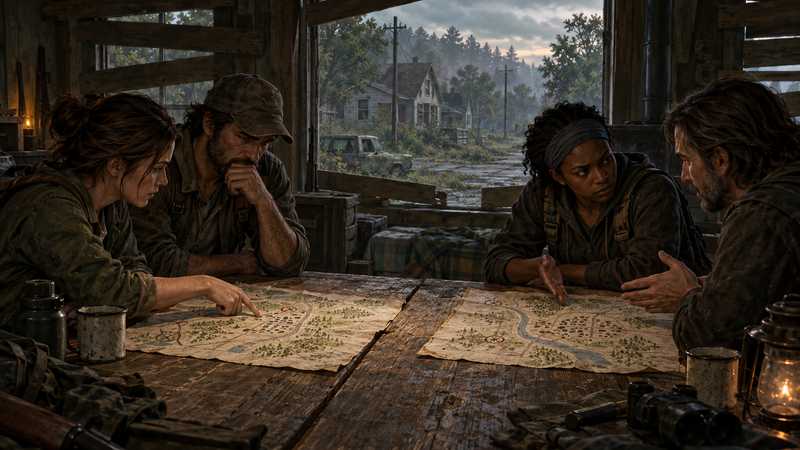 Two small survivor groups compare separately marked paper maps inside a boarded Kentucky safehouse.