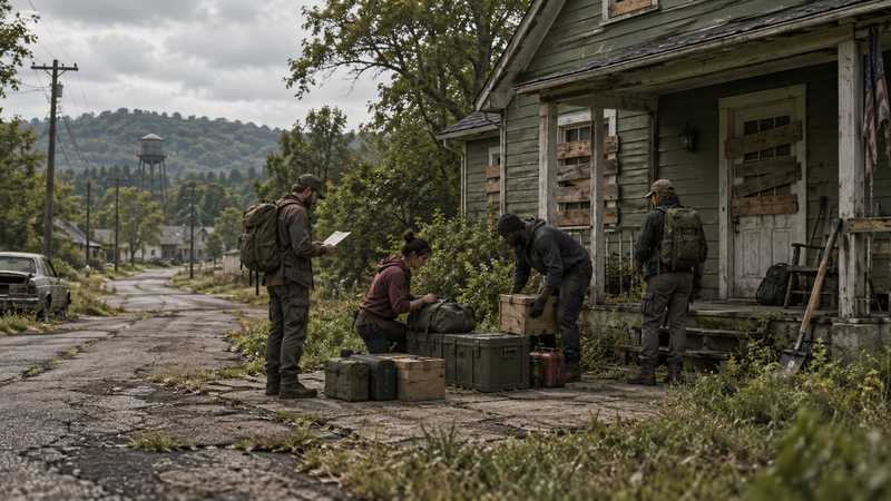 Survivors organize supply crates outside a boarded Kentucky safehouse.