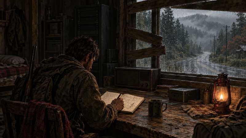 A survivor records server notes at a desk inside a boarded roadside safehouse