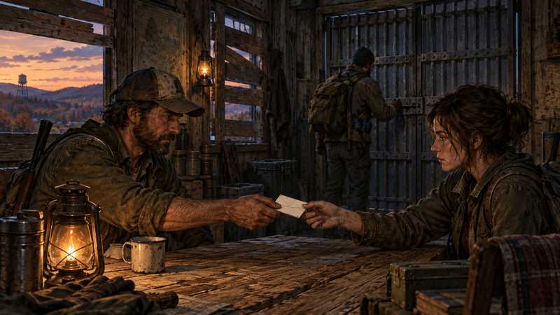 Two survivors at a boarded Kentucky safehouse pass a folded note while another checks the closed gate.
