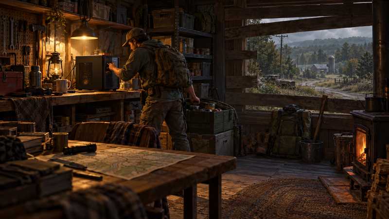A survivor checks a compact home server before moving a supply crate into a boarded Kentucky safehouse.