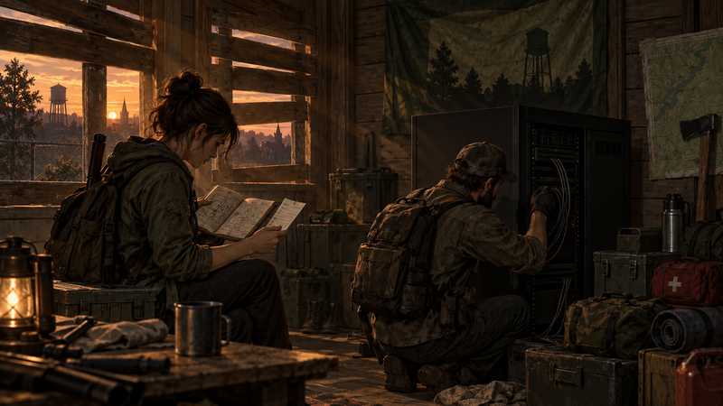 Two survivors compare a handwritten checklist while maintaining a server cabinet inside a boarded safehouse