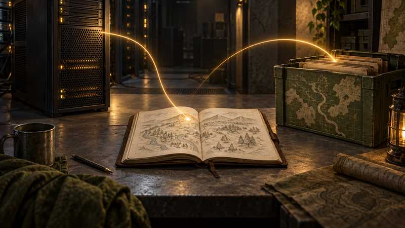 A Linux server tower connected by a trail of light to a field notebook and a single world-data crate