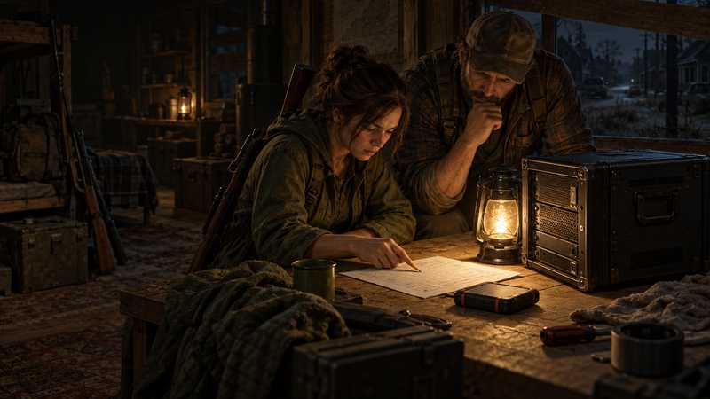 Two survivors trace a startup log at a lantern-lit workbench beside a rugged server case in a boarded Kentucky safehouse.